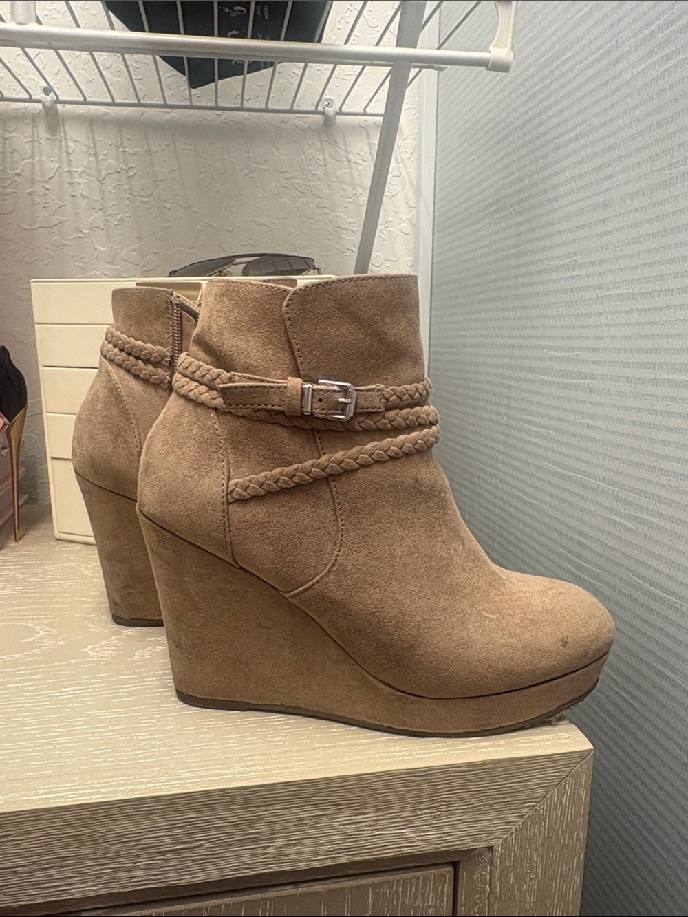 Suede Wedge Ankle Boots in Taupe with Braided Strap